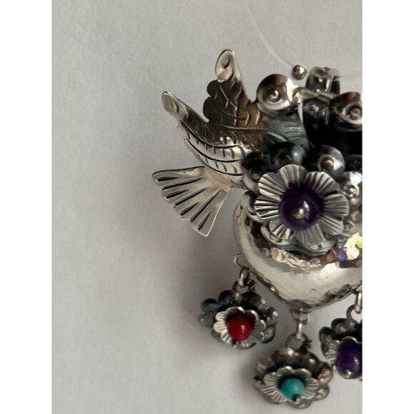 Handmade Mexican Sterling Silver  Love Bird Heart Pendant - Picture 12 of 15